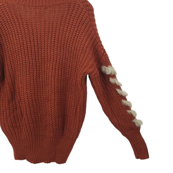Solution Cable Knit V Neck Sweater One Size Long Sleeve Brown Faux Fur Trim - Picture 16 of 16